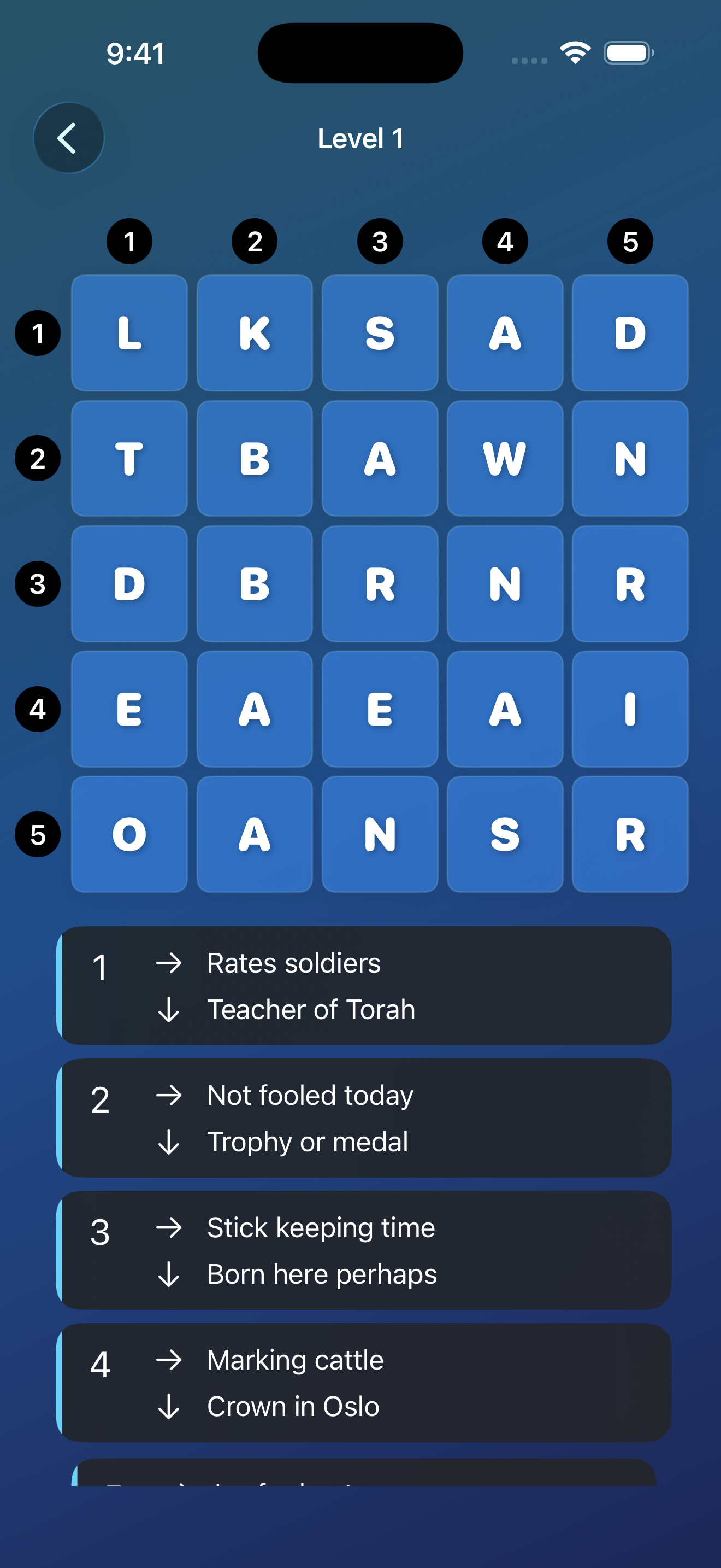 First puzzle level displaying solvable word grid area and hints to help solve
