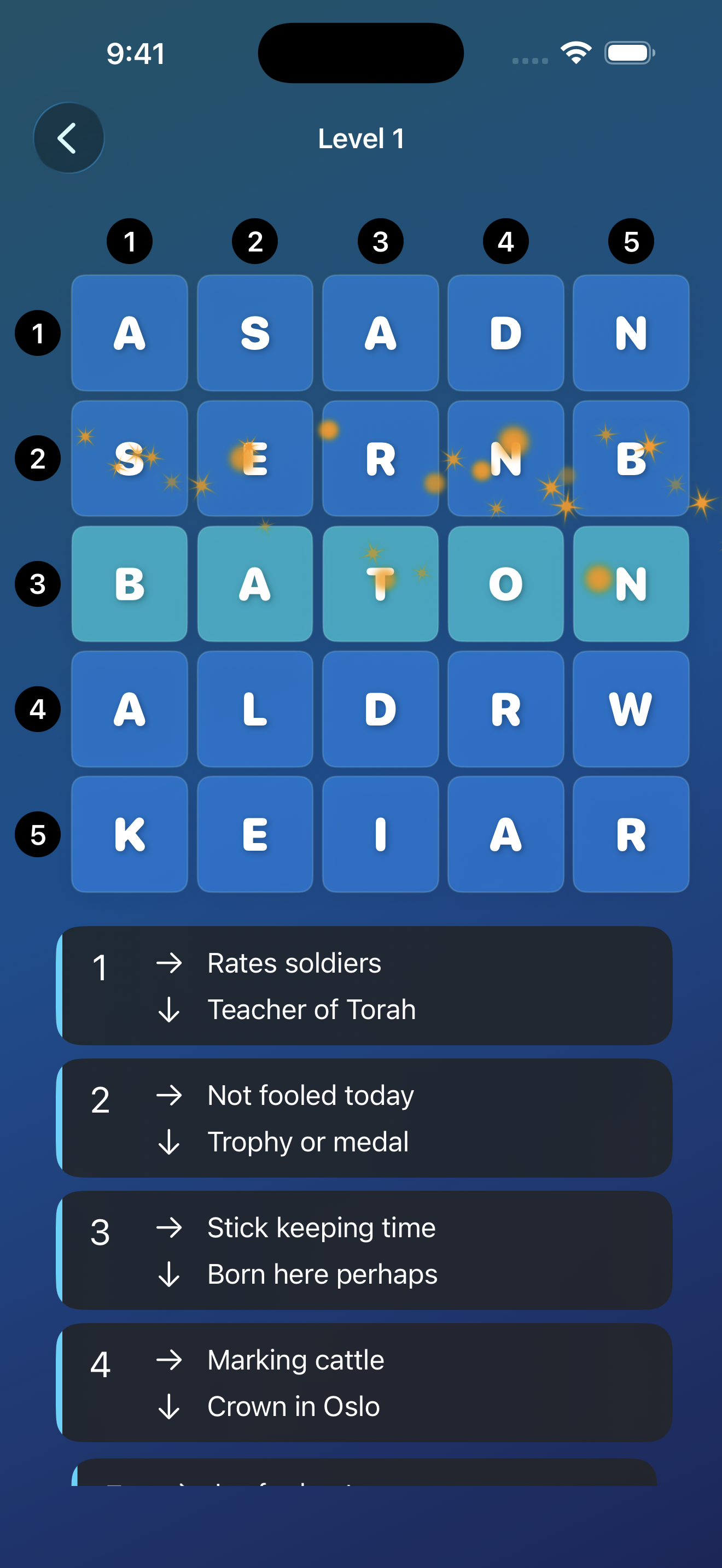 First puzzle level displaying one word solved along with celebratory effects