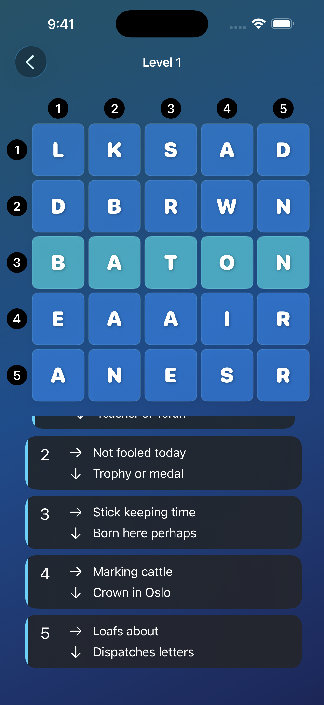 First puzzle level displaying one word solved
