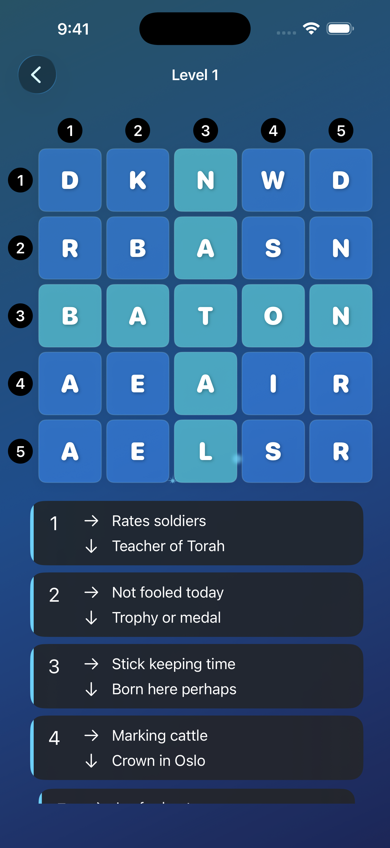 First puzzle level displaying two words solved