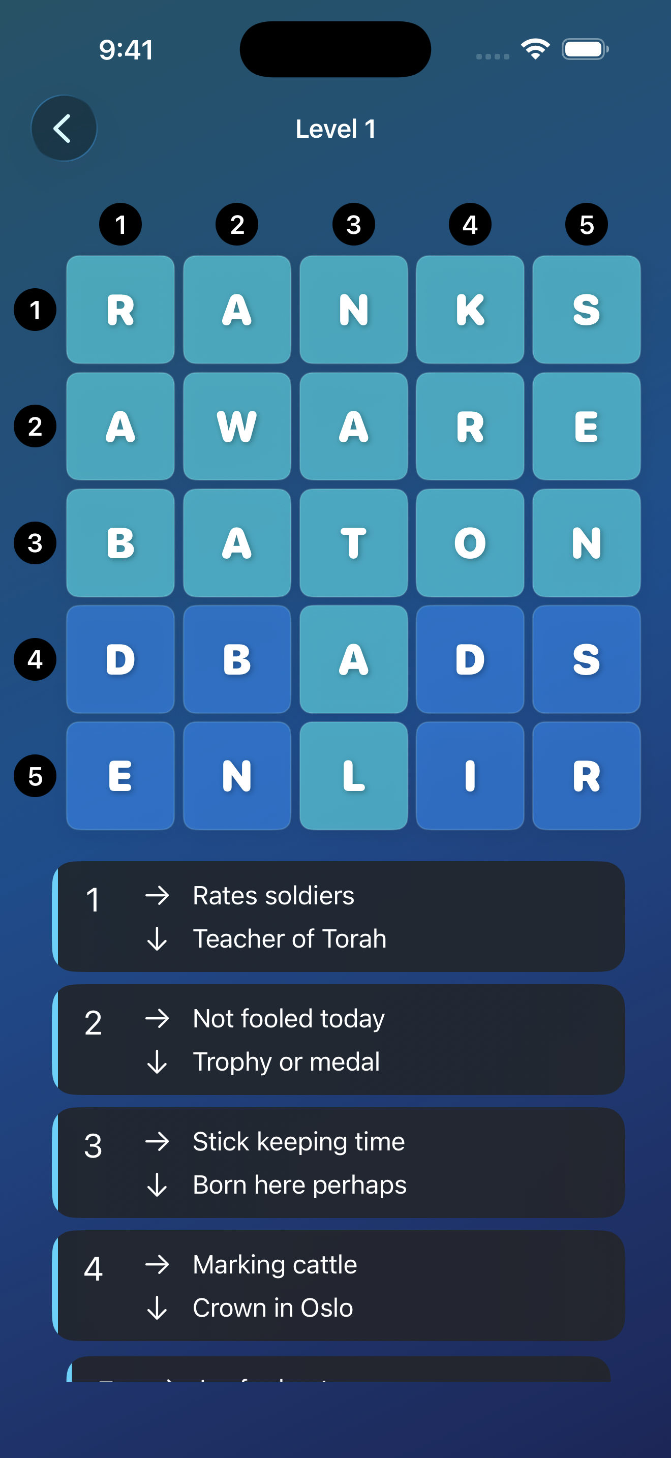 First puzzle level displaying four words solved